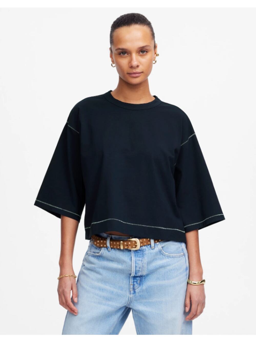 Madewell Wide Sleeve Boxy Tee WMNS 2XS Dark Navy Drop Shoulder Contrast Stitch